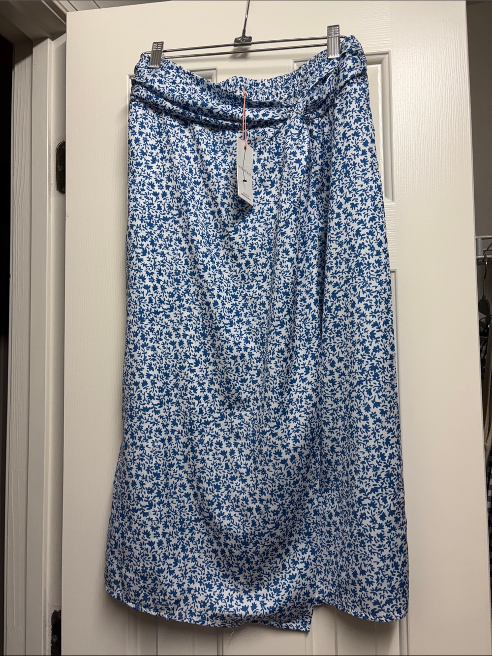 Skies Are Blue White Midi Skirt with Blue Floral Print
